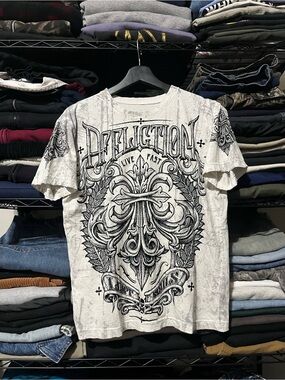 Affliction White Short Sleeve Graphic Tee with Ornate Cross Artwork